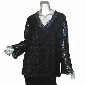 Kathy Ireland Plus 2X Women’s Lace Overlay Blouse Black Long Sleeve Tunic New